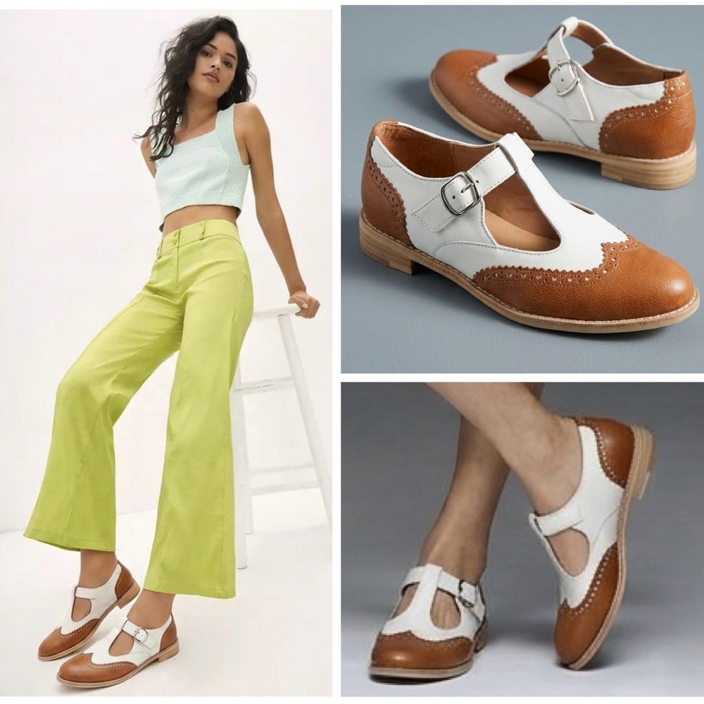 Anthropologie Two-Tone White and Brown Leather T-Strap Loafers